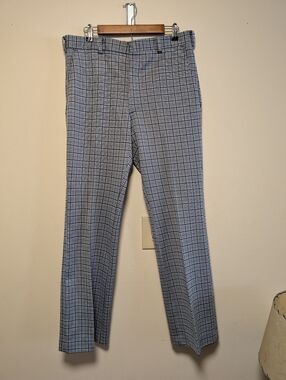 Vintage 70s Blue Plaid Flare Trousers Mens 33